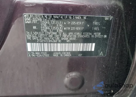 2017 Toyota Rav4 Le z USA, uszkodzony, nr VIN 2T3ZFREV9HW368795